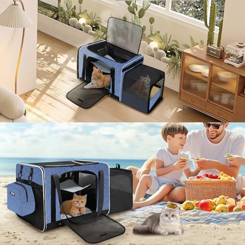 Petskd Side Expandable Extra Large Cat Carrier with Litter Box Area, 24"x17"x17" Soft-Sided Pet Carrier for 2 Cats Under 55 lbs with Zipper Locks for Car Travel(Blue) - color: Blue