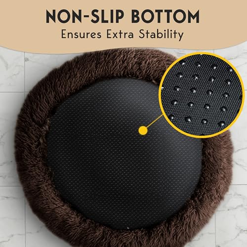 PetJett Calming Dog Bed Medium Size Dog - 30'' Donut Bed, Anti-Slip & Washable Super Soft Fluffy Plush Round Bed, Anti-Anxiety Premium Comfort Pet Bed, Fits Dogs up to 45 lbs - Brown - color: Brown, size: Medium - 30”L x 30”W x 8”Th