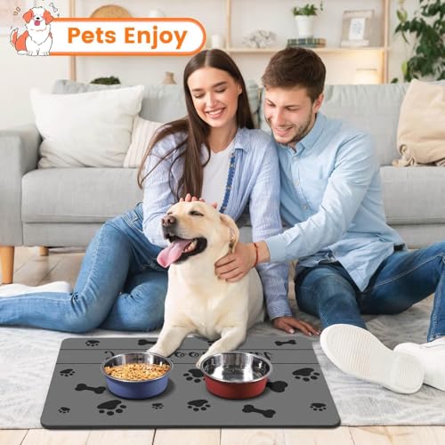 Personalized Dog & Cat Food Mat with Name | Waterproof PU Pet Bowl Mat | Non-Slip Rubber Bottom | Easy Clean | 3 Sizes (24"×16", 30"×20", 36"×24") Black Paw Prints - color: black bone and paw prints