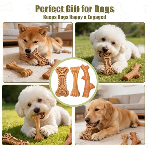 SCHITEC Dog Toys for Aggressive Chewers, 3 Pack Nylon & Wood Dog Chew Toy, Tough Chew Bone for Medium Large Dogs, Indestructible Teething Dog Toy, Chicken Flavor (Medium) - style: Medium