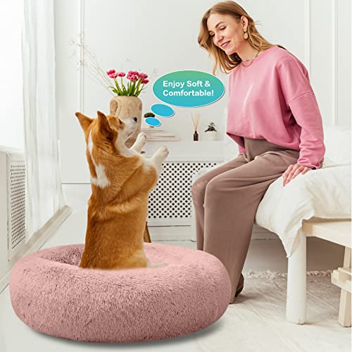 SAVFOX 20 inches Calming Donut Dog Bed - 3X Durable Plush Faux Fur, Machine Washable & Non-Slip, Fits up to 15 lbs, Pink - color: Pink, size: X-Small | 20"x20"