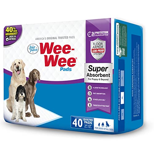 Four Paws Wee-Wee Super Absorbent Unscented Pee Pads for Dogs & Puppies with Insta-Rise Border, Leak-Proof Dog Housebreaking Potty Training Floor Protection, 24" x 24", 40 Count - size: 40 Count