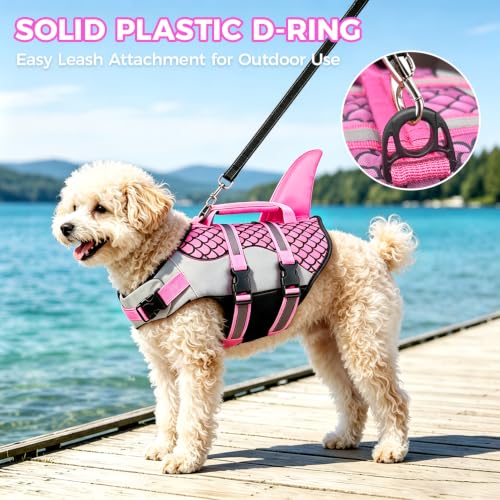 Dog Life Jacket,Shark Pattern High Buoyancy Adjustable Swim Vest with Rescue Handle,D-Ring&Reflective Strips for Boating Swimming Beach (Shark Pattern/Orange, X-Large)