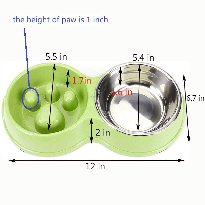 Slow Feeder Dog cat Double Bowl Stainless Steel and Anti-Choking Green - color: green
