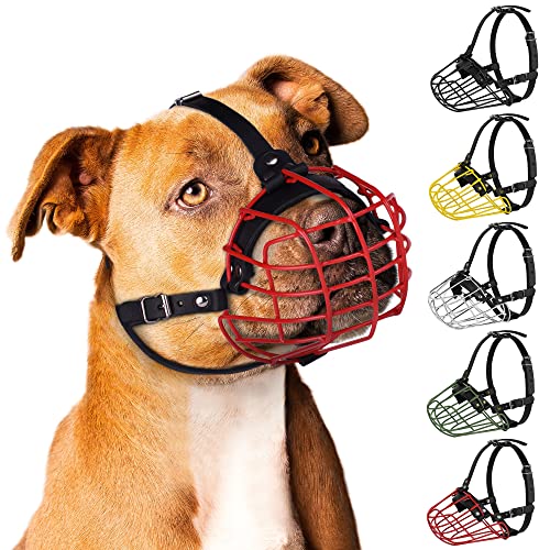 Pitbull Dog Muzzle Metal Mask Amstaff Secure Wire Basket Adjustable Durable Leather Straps for Large Dogs (Green) - color: Green