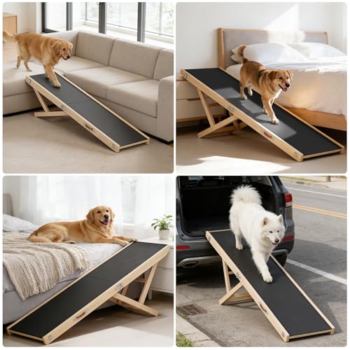 Foldable Dog Ramp for High Beds & SUVs, 63 Inch with High-Traction Mat. Adjustable Height (19.7"-31.5") for Medium, Large & XL Dogs - Portable Pet Stairs Alternative - size: 63"L x 16.7"W x 2.4"H
