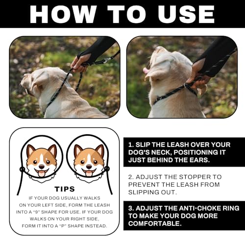 Arblina Slip Leads Dog Leash, 1/3" x4ft Full Reflective No Pull Rope Leash with Double Handle, 360°Swivel Anti-Tangle Heavy Duty Training Lead for Large Medium Small Dogs - color: Black, size: 1/3" x 4FT