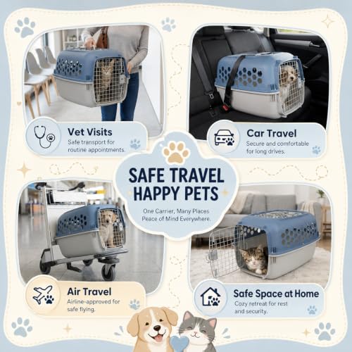 Portable Double Door Plastic Pet Carrier for Dogs & Cats - 24" Durable Ventilated Kennel with Top Loading, Airline Approved, Foldable Design for Travel & Vet Visits