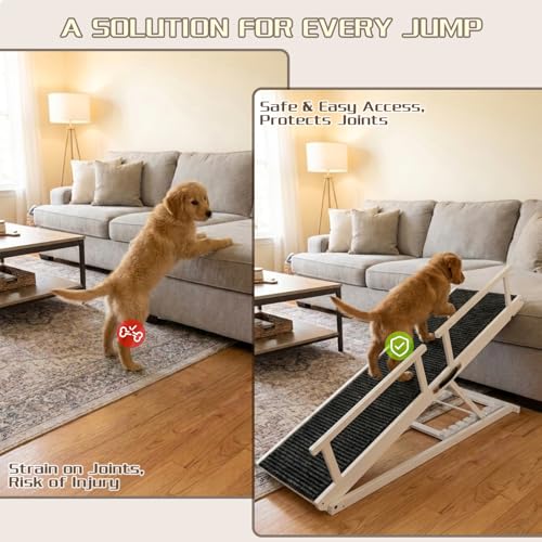 Dog Ramp for Bed - 7-Level Adjustable (13"-37") Birchwood, 60" Foldable Soft Carpet Ramp with Removable Washable Cover & Rails, for High Bed/Couch, DIY Glow Strips, Supports 200 Lbs - color: White - Carpet Style