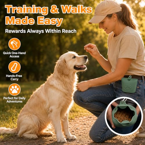 Upgraded Dog Treat Pouch with Strong Magnetic Closure - Small Silicone Training Bag, Waist-Mounted Clip & Leash Carabiner, Airtight Portable Treat Bag (Dark Green) - color: Dark Green