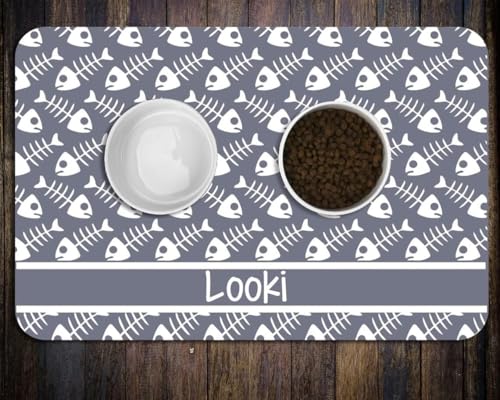 Personalized Dog Cat Food Mat PU Non-Slip at The Bottom Dog Bowl Mat Dog Mat for Food and Water Custom Pet Dog Food Mats for Floors Waterproof (Fish Bone) - color: fish bone