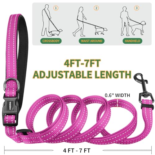 Kazazoo Hands-Free Dog Leash with Poop Bag Holder, Adjustable 4-7 Ft Waist for Dog Walking, Running for Small Dogs with Reflective Strips, Nylon Waist Belt, Hotpink - color: Hotpink