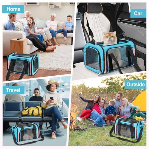 Discala Cat Dog Carrier Up to 15 Lbs TSA Airline Approved Pet Carrier for Small Medium Cats Puppies Dog Carriers for Small Dogs Collapsible Soft Sided Cat Travel Carrier - Blue&Pink 17"x11"x11" - color: Blue&Pink