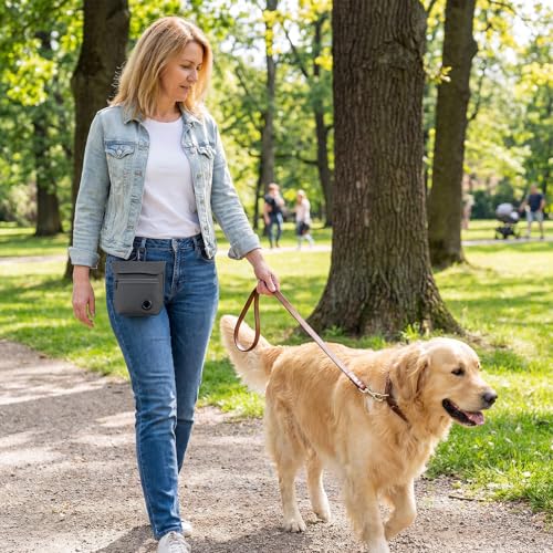 Dog Treat Pouch and Dog Training Clicker, Treat Bag with Poop Bag Dispenser, Powerful Magenetic Clasp, Metal Clip Waist Belt Fanny Pack for Pet Walk Dog Training (Dark Grey) - color: Dark Grey