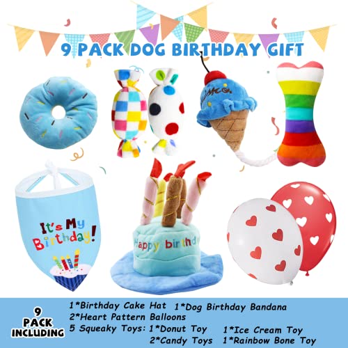 lilfrd Dog Birthday Toy Set, 9Pcs Plush Pet Toy for Small Dogs, Includes Squeaky Cake Hat, Bandana, Dessert Themed Toys, Balloons, for Dog Birthday Party - style: Blue Birthday Pack