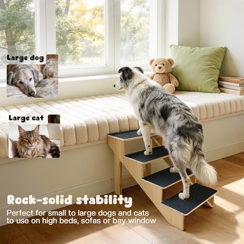 4-Step Dog Stairs for Large Dogs, Solid Wooden Dog Steps for Beds/Couch with Carpet, 24 Inches Anti-Slip Pet Stairs for High Beds, Ramp for Older/Senior Dogs, Pet Bed Stairs to Get on Bed/Sofa - size: 4-Step