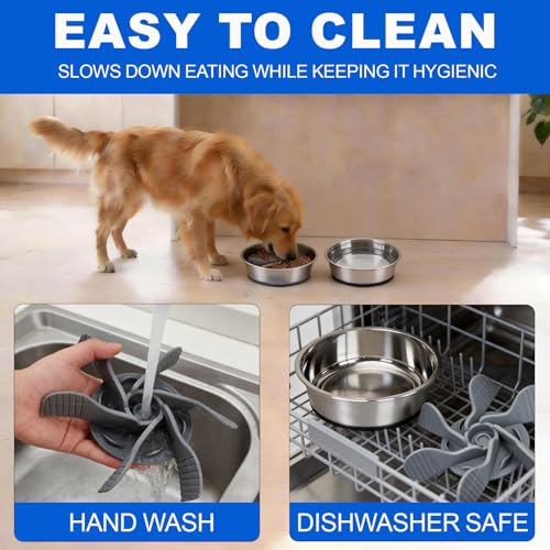 Set of 2 Pack Stainless Steel Dog Bowls & 1x Slow Feeder Insert, 32oz/4 Cups Non Slip Dog Metal Food Bowl & Water Bowl with Rubber Bottom (M Size for Small Medium Dogs) Dishwasher Safe - size: 4 CUP