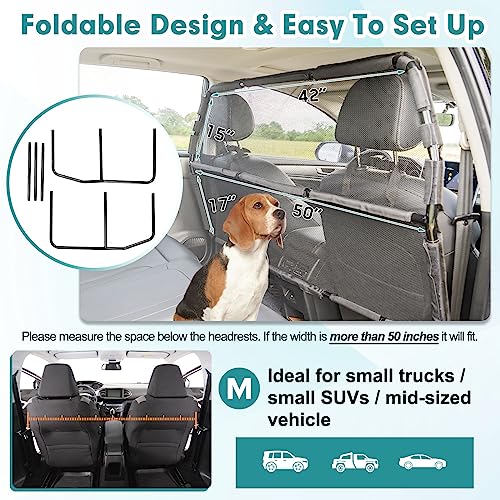 Dog Car Barrier Escape-Proof, 50" Wide Car Divider for 2nd 3rd Row Seats & Cargo Area, Durable Back Seat Car Gate Trunk Barrier with See Through Net Mesh for Small Trucks & SUV & Mid-Sized Vehicle - size: Medium