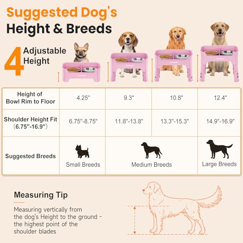 URPOWER Mess Proof Elevated Dog Bowls 4 Height Adjustable Raised Bowl Stand with 2 Stainless Steel Dog Bowls Non-Slip Food and Water Bowl Set for Small, Medium, Large Dogs, Pink - color: Pink, size: Medium