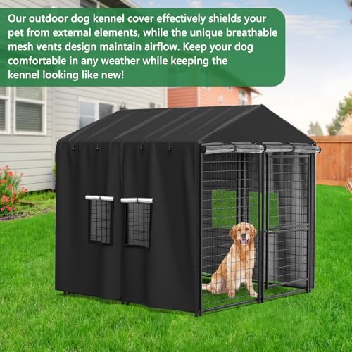 Outdoor Dog Kennel Cover 4.2'D x 4.2'W x 4.5'H Black Full Coverage with Transparent PVC Window and Breathable Mesh All-Weather Protection for Multiple Brands of Kennels Only Cover - size: 4.2'D x 4.2'W x 4.5'H