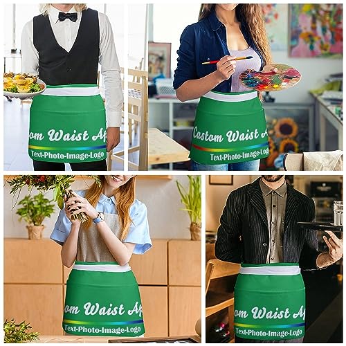 sophiehome Custom Waist Apron with Pockets Add Photo Logo Name Personalized Waiter Server Short Aprons for Kitchen - color: Irish Green