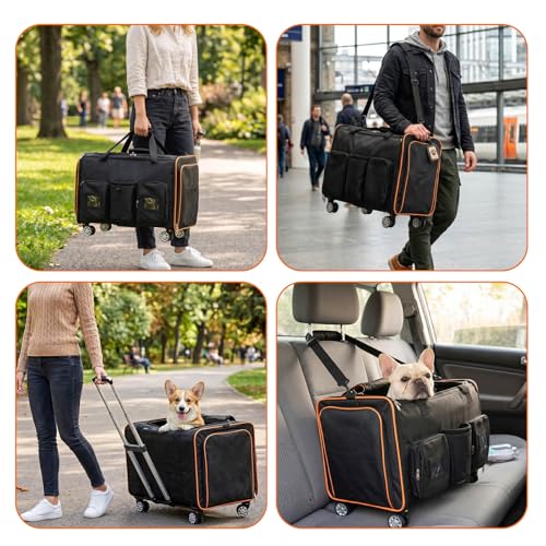 2 in 1 Large Cat Carrier with Wheels, Double Rolling Pet Carrier for Small Cats & Dogs, Dual Expandable Sides Travel Crate with Detachable Wheels & Middle Divider, Breathable Mesh Oxford
