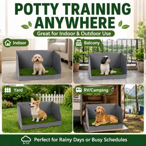 Dog Potty Tray with High Walls and Artificial Grass, 32" x 21"x 16"Foldable Indoor Dog Toilet,Waterproof Dog Pee Pad Holder with Leakproof Liner, Portable Pet Litter Box for Small Medium Dogs