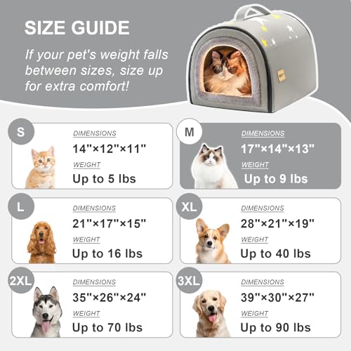 Jiupety Indoor Dog House, 2 in 1 Portable Foldable House Bed with Cover, Pet Tent & Cave Bed for Cats and Small Dogs, M(17"×14"×13"), Up to 9 Lb, Grey - style: M