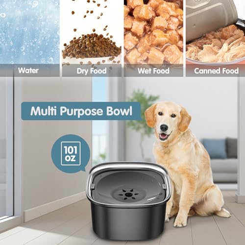 UPSKY 3L Dog Water Bowl 101oz Stainless Steel No Spill Large Capacity Dog Food Water Bowl Slow Water Feeder, Spill Proof Pet Water Dispenser Vehicle Carried Travel Water Bowls - color: C-Black
