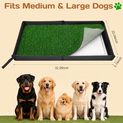 Dog Grass Pad with Tray - 32"x22" Dog Potty Grass with 8pc Pee Pads, Reusable Artificial Grass for Dogs Potty, Portable Indoor Outdoor Dogs Litter Box for Patio Balcony Porch