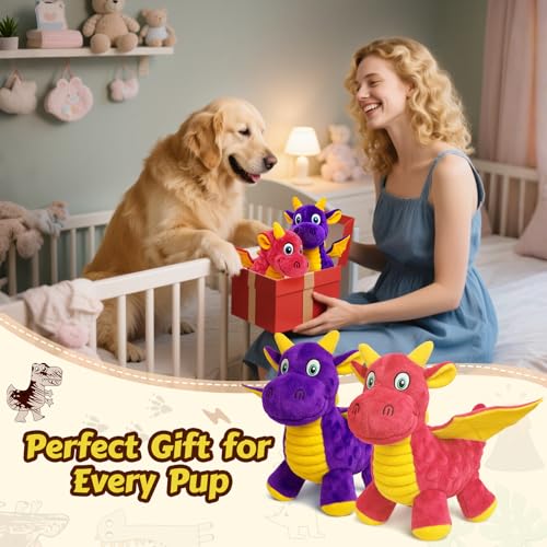 Squeaky Dog Toys - 2 Pack Plush Dragon Dog Toys with 5 Squeakers, Crinkle Wings & Ears, Soft Cute Dog Toys for Boredom, Small Medium Dogs and Gentle Large Dogs (Pink & Purple,10") - color: Pink & Purple