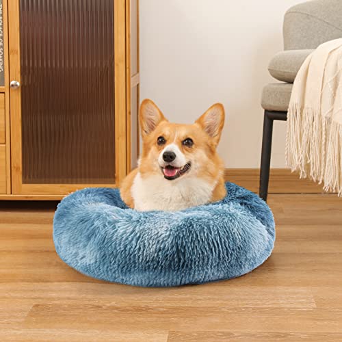 NOYAL Calming Donut Dog Bed for Small to Medium Dogs & Cats - Plush Faux Fur Anti-Anxiety Pet Bed with Machine Washable Cover & Non-Slip Base - color: Gradient Blue, size: Medium 23.6''