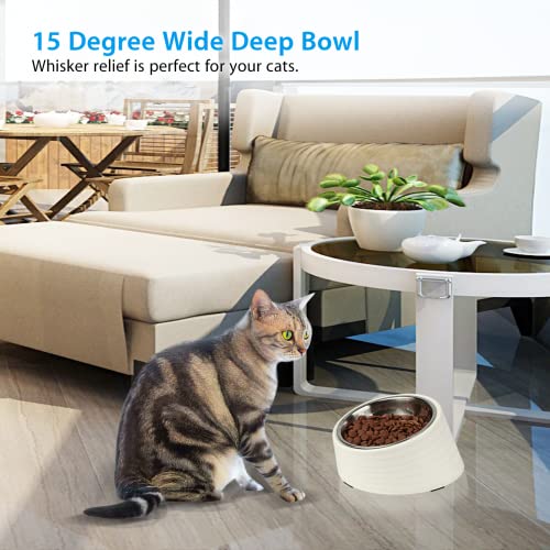Uppetly Tilted Slanted Dog Bowl 1 Cup, 15° Tilted Stainless Steel Dog Cat Food Bowl, Non-Slip & Non-Spill Pet Feeder with Elevated Detachable Melamine Stand, Easy to Get Food Dish, Medium White