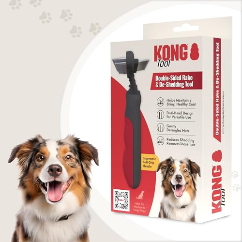 KONG Double-Sided Rake & Deshedding Tool – Detangling & Shedding Control, Rounded Metal Tips, Non-Slip Grip, for Medium to Large Dogs with Medium to Long Coats, Red/Gray - size: Medium Double-Sided Rake