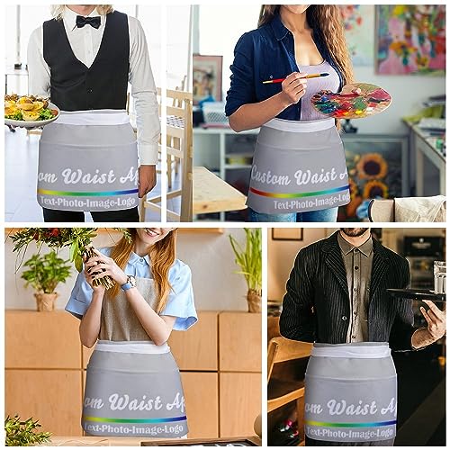 sophiehome Custom Waist Apron with Pockets Add Photo Logo Name Personalized Waiter Server Short Aprons for Kitchen - color: Grey