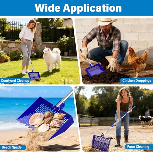 12-Inch 2-in-1 Chicken Poop Scooper & Rake, Chicken Coop Scoop with Adjustable Stainless Steel Handle (24–64"), 3 Angles & 2 Sifting Holes, Litter Scoop Sand Sifting Shovel Pooper Scooper (Blue) - color: Blue