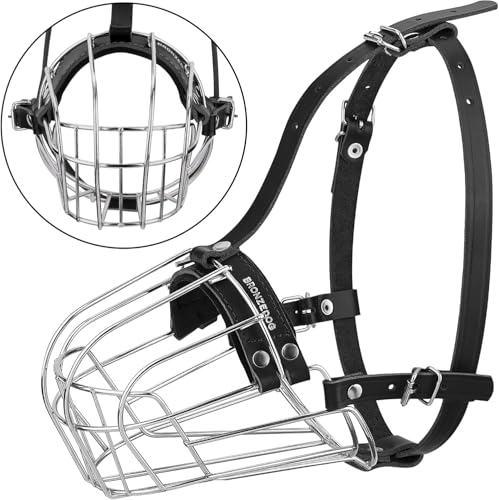 BRONZEDOG Pitbull Dog Muzzle Metal Mask Amstaff Wire Basket Pit Bull Adjustable Leather Straps for Large Dogs (Graphite Metal) - color: Leather, Graphite Metal