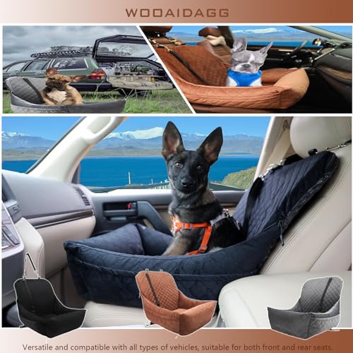 Wooaidagg Dog Car Seat for Small Dogs,Covered Soft Fabric and Fill in Memory Foam,Easy to Assemble and Fully Detachable,2 Clip-On Safety Leashes and Storage Pockets(Brown) - color: Brown