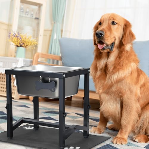 2.8 Gallon Elevated Large Dog Water Bowl, 4 Adjustable Height 10.5-15.8'' Raised Stainless Steel Bowl Stand with Anti-Slip Mat for Large Breed, Metal Dog Feeding Station for Relief Joint Pressure - size: 2.8 Gallon