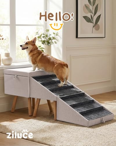 Dog Ramp for Bed & Couch, Dog Stairs 21.06 inches High for Large/Medium/Small Doggie, Foldable 2 in 1 Wooden Pet Steps for Puppy Older and Injured Dogs, Split Ottoman Design, No-Slip Surface(Apricot) - size: 21.06" H- Apricot