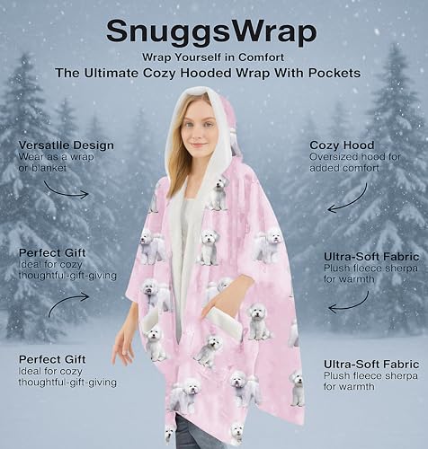 E&S Pets Sherpa Wearable Blanket Hoodie for Women – Soft Fleece Snuggs Wrap – 32 Dog & Cat Breeds – Warm Pet Lover Gifts - color: Bichon Frise