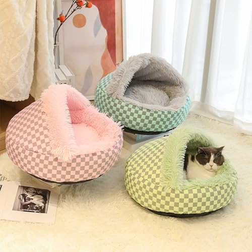 ound Hooded Cat Bed and Dog Bed with Covered Cave, Cat Bed for Small Dogs, Faux Fur Cuddle Pillow Round Recessed Cat Bed, Automatic Warming Donut Cat Bed (Pink) - color: pink