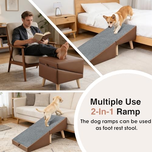 Split Ottoman Dogs Ramp, Dog Ramp for Couch and Bed, Dog Stairs for Small Dogs and Cats, 2-in-1 Foldable Wooden Pet Stairs and Ottoman,Non-Slip Fabric Surface Ramp for Couch and Bed Brown - color: Brown