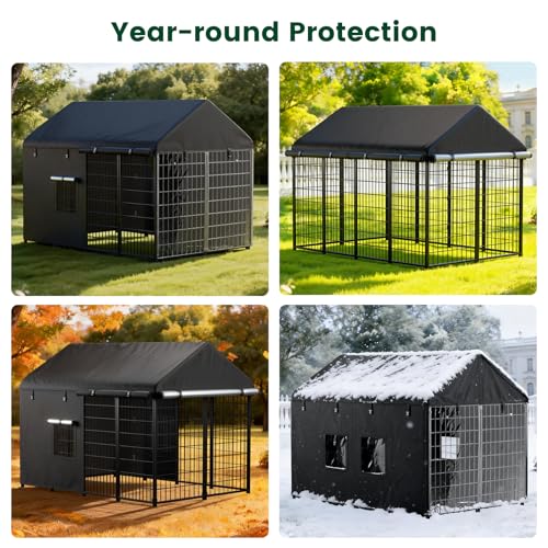 PawGiant Dog Kennel Cover Outdoor, Full Coverage Waterproof Tarp for 8x4x6ft Dog Crate with 600D Oxford Fabric, 4 Transparent Window & Door Curtains for Enclosure Outside, Medium - size: Medium