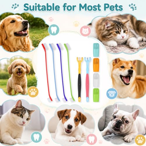 10 Pack Dog Tooth Brushing Kit, Pet Dog Toothbrush 2 Triple Head Pet Toothbrushes 360 Degree Finger Toothbrushes 4 Double Head Tooth Brush Dental Cleaning Brushes for DogCat Oral Dental Health