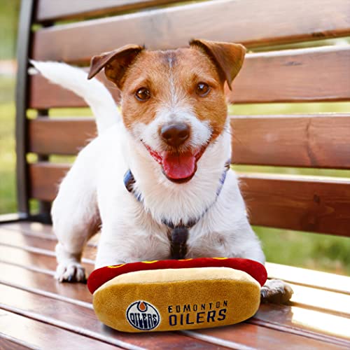 Pets First NHL Edmonton Oilers HOT Dog Plush Dog & CAT Squeak Toy - Cutest HOT-Dog Snack Plush Toy for Dogs & Cats with Inner Squeaker & Beautiful Hockey Team Name/Logo 8 x 5 x 3 Inches - color: Edmonton Oilers, style: NHL Hot Dog Toy