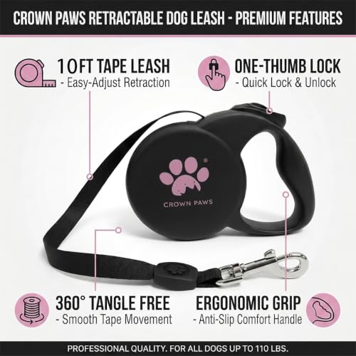 Chew Proof Retractable Dog Leash for Small Dogs up to 33lbs, 10ft Heavy Duty Dog Lead with Anti-Chewing Steel Wire Rope, Tangle-Free, One-Hand Brake & Lock, Black S - color: Black, size: Small