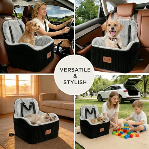 Dog Booster Car Seat for Small Medium Dogs Up to 35 lbs, 6" Elevated Plush Faux Fur Dog Car Seat with Dual Safety Leash, Anti-Tip Non-Slip, Fits Front Back Seat of SUVs Trucks Sedans, Washable Cover