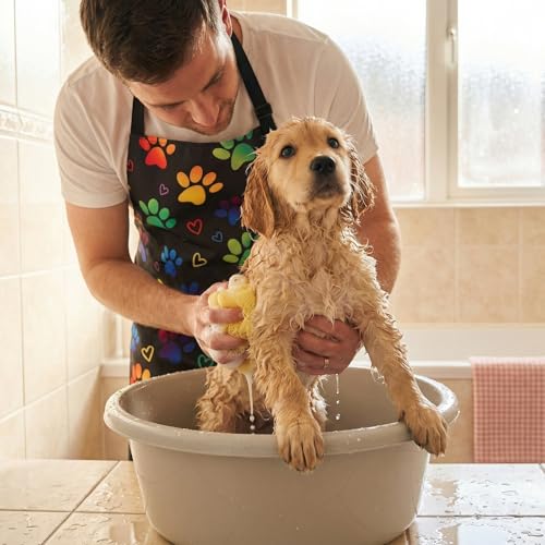 Dog Grooming Waterproof Apron with 2 Pockets, Cute Animals Puppy Dog Pets Apron - style: Gradient Heart Dog Paw