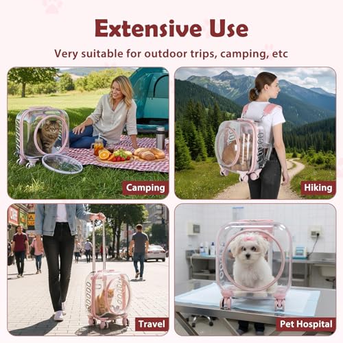 Cat Carrier with Wheels & Detachable Strap – Rolling Pet Trolley with Telescopic Handle, Transparent Hard Shell, Silent Wheels, Ventilated Design for Travel, Walking, Vet Visits for Small - color: Pink